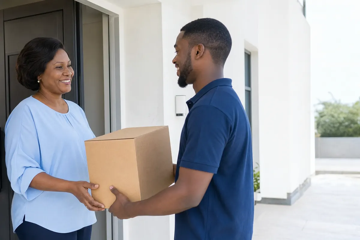 Smiling courier handing a plain cardboard box to a Nigerian woman at her door